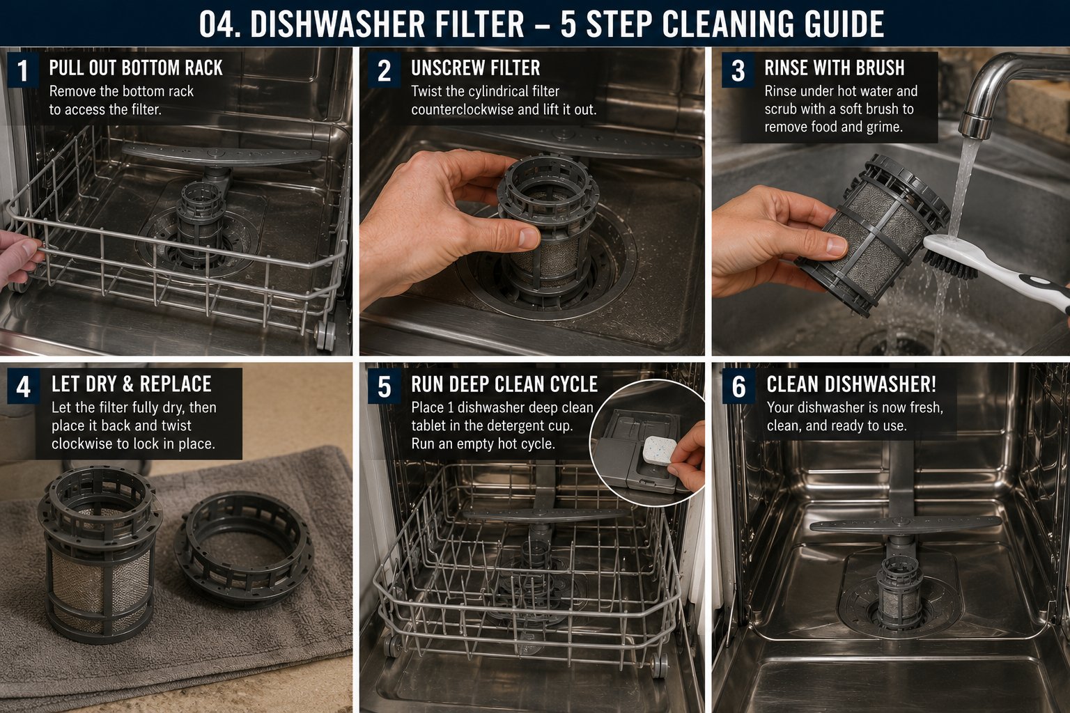 Six-step guide: pull out bottom rack, unscrew the cylindrical filter counterclockwise, rinse with a brush under hot water, let dry and replace, run a deep clean cycle with a tablet, finished clean dishwasher
