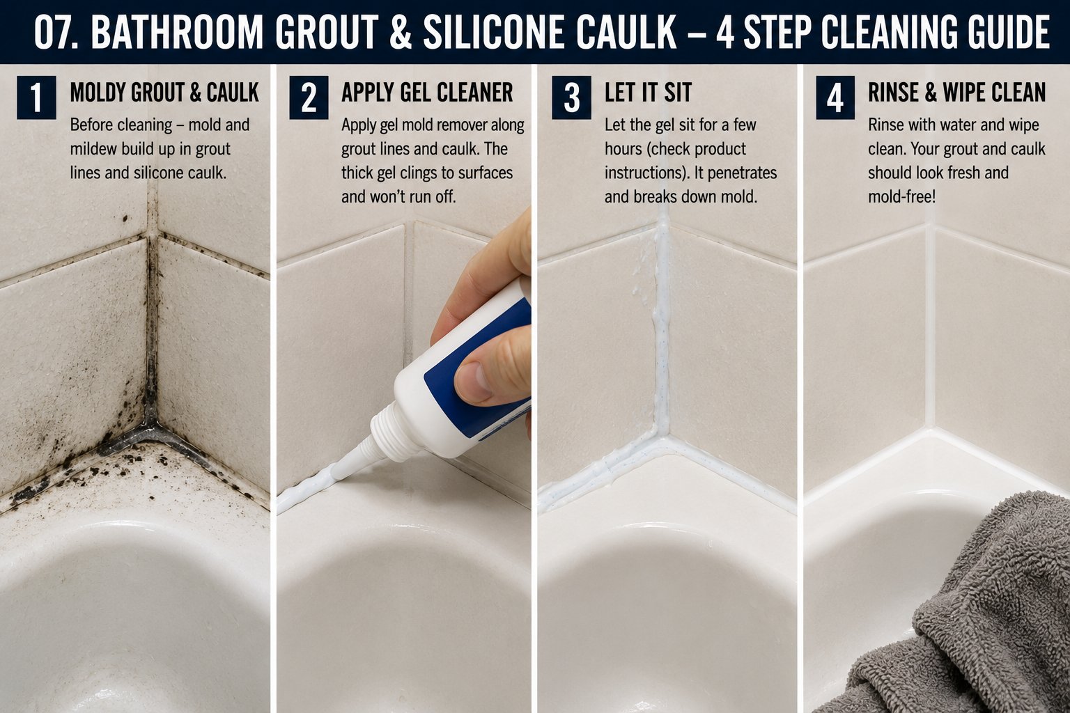 Four-step guide: showing moldy grout and caulk before cleaning, applying thick gel mold remover along the grout lines, letting the gel sit for a few hours to penetrate the mold, then rinsing and wiping clean to reveal fresh-looking grout