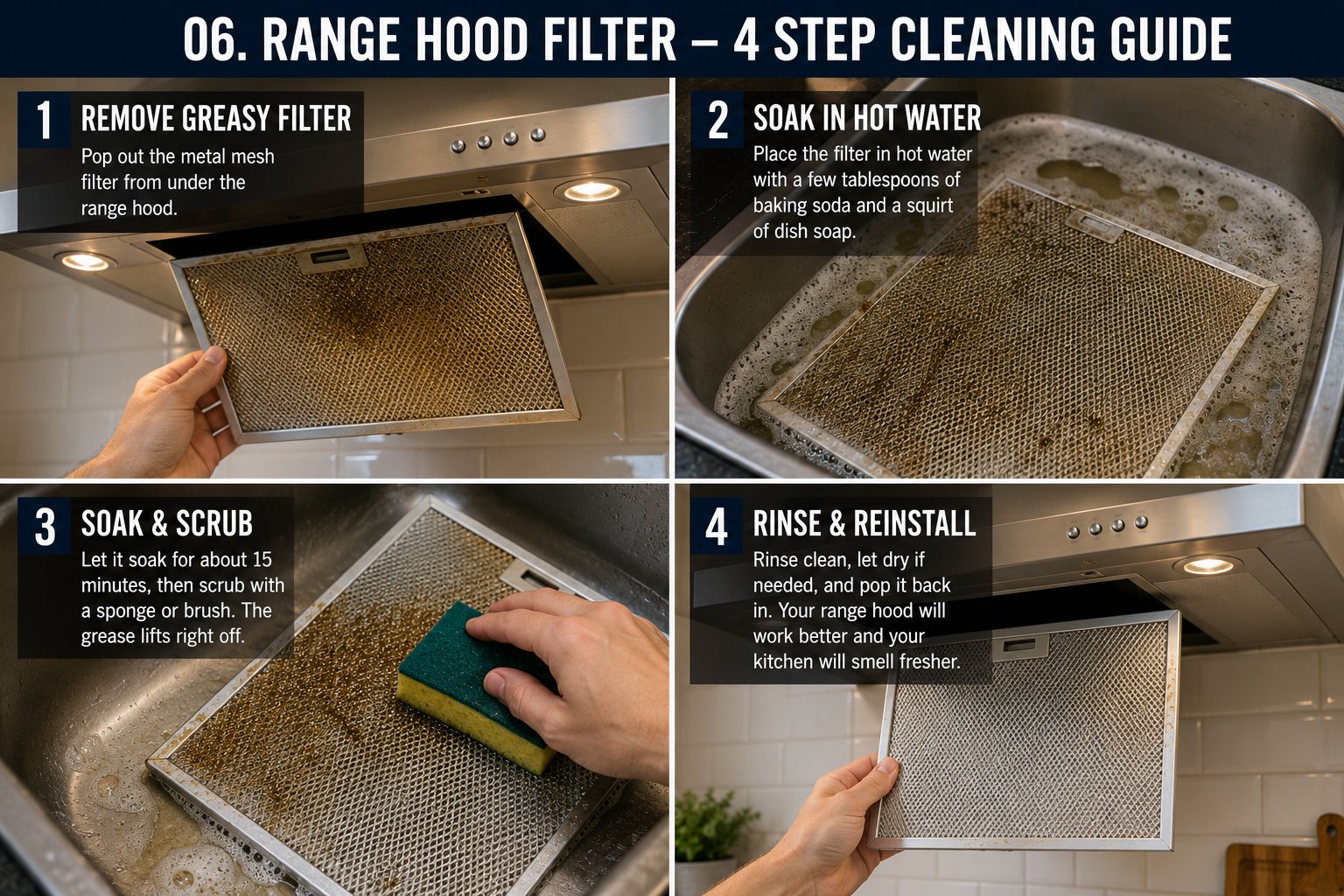 Four-step guide: remove greasy mesh filter from under the range hood, soak in hot water with baking soda and dish soap, scrub with a sponge after 15 minutes, rinse and reinstall