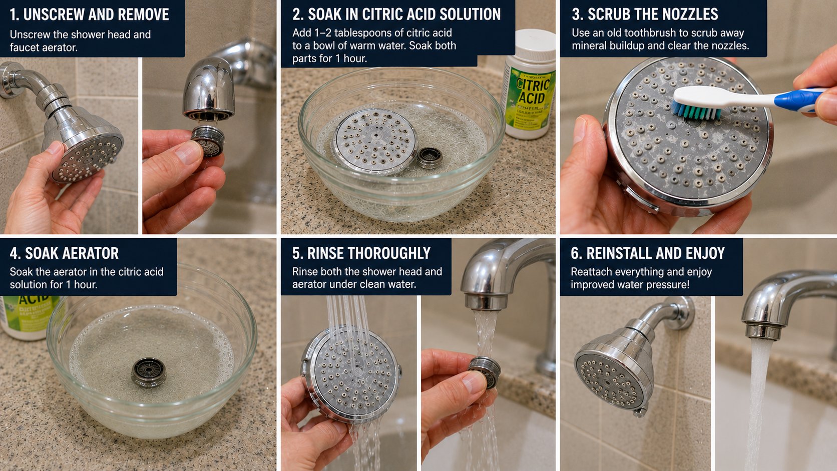 Six-step guide: unscrew shower head and aerator, soak in citric acid solution one hour, scrub nozzles with toothbrush, soak aerator, rinse, reinstall