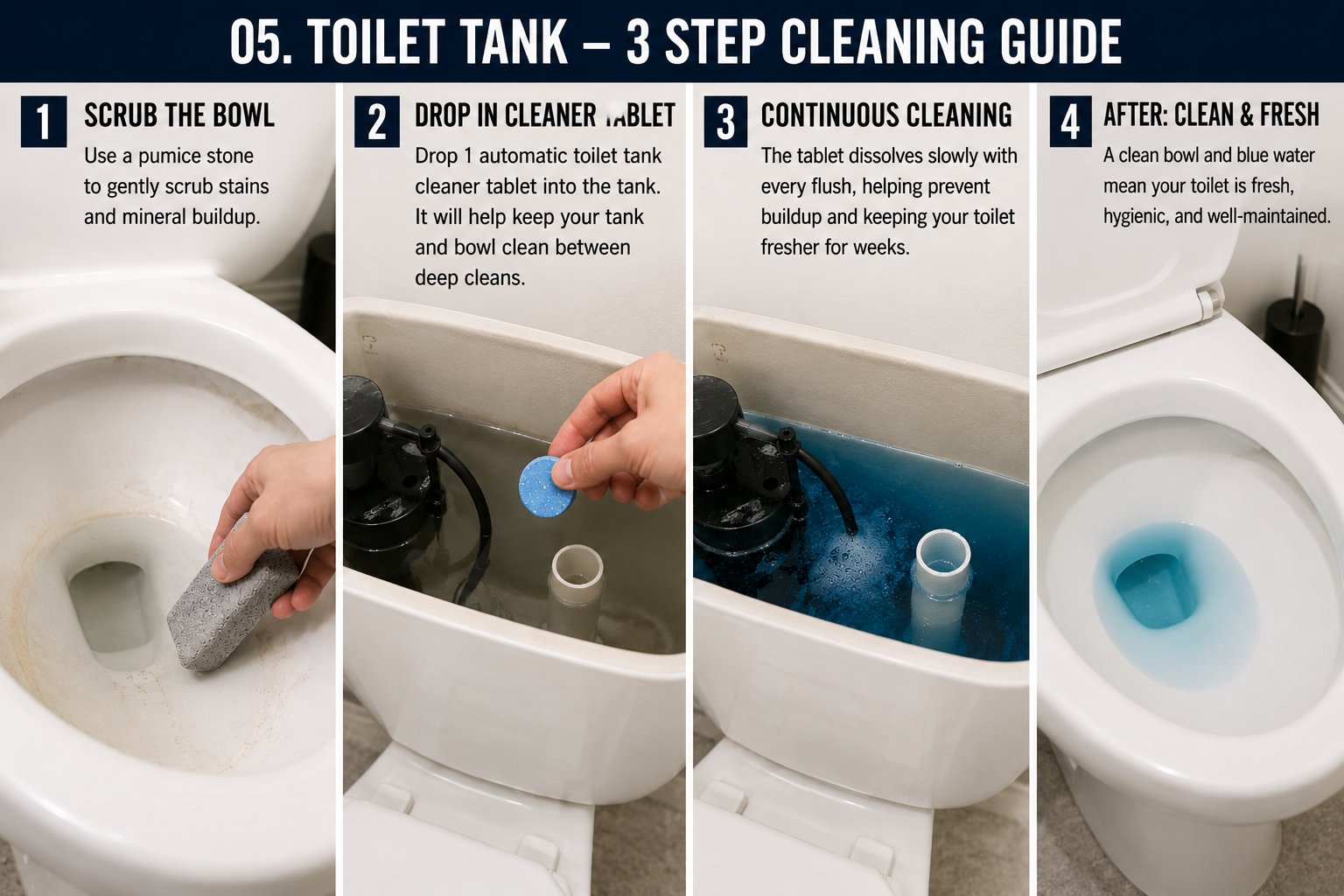 Four-step guide: scrub the bowl with a pumice stone for stains, drop in an automatic toilet tank cleaner tablet, the tablet dissolves slowly with every flush providing continuous cleaning, finished bowl looks clean with blue tinted water