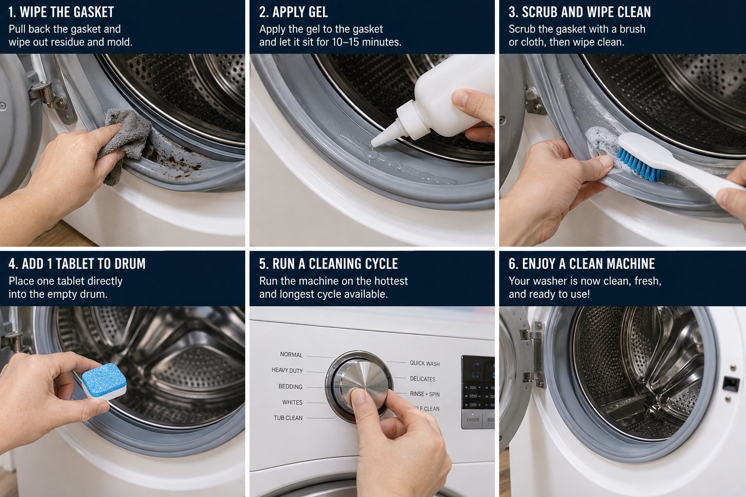 Six-step guide: wipe the gasket, apply gel cleaner, scrub, add tablet to drum, run hot cycle, finished clean machine